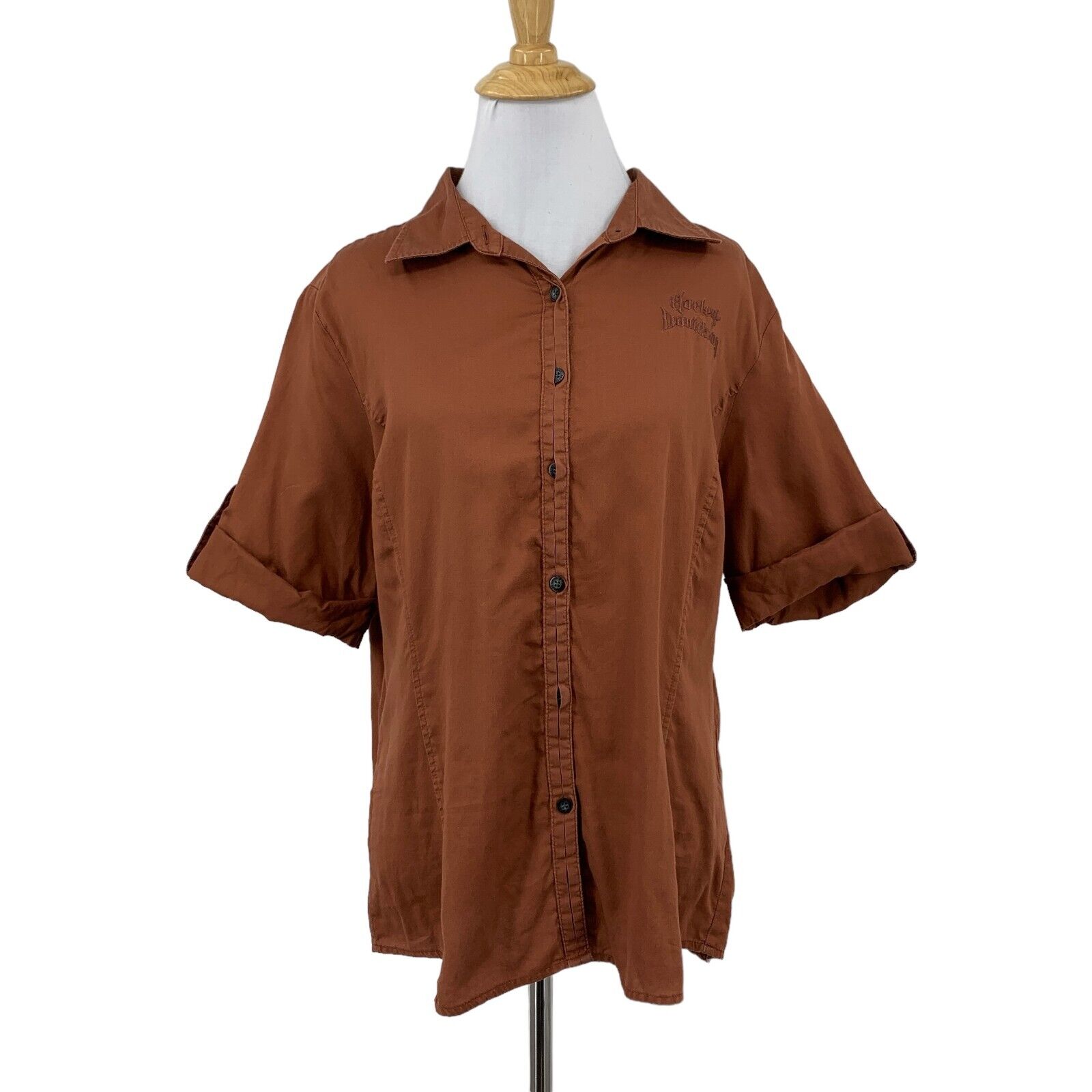 Harley Davidson Shirt Womens L Large Rust Embroidered Logo Cuffed Short Sleeve